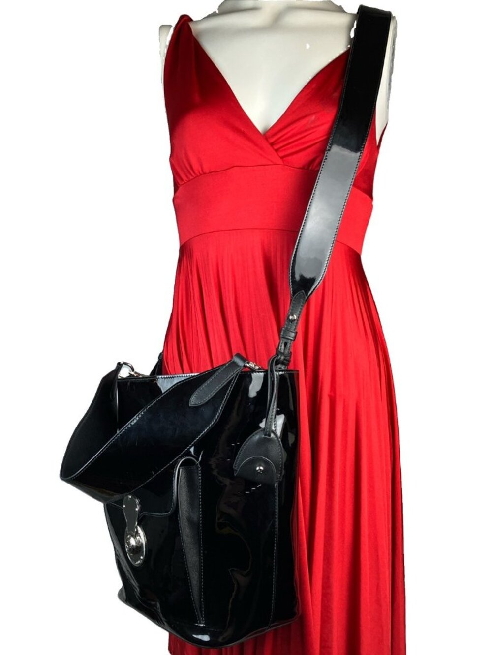 Ralph Lauren Ricky Black Patent Leather Silver Hw Crossbody Bucket Bag 2 Straps